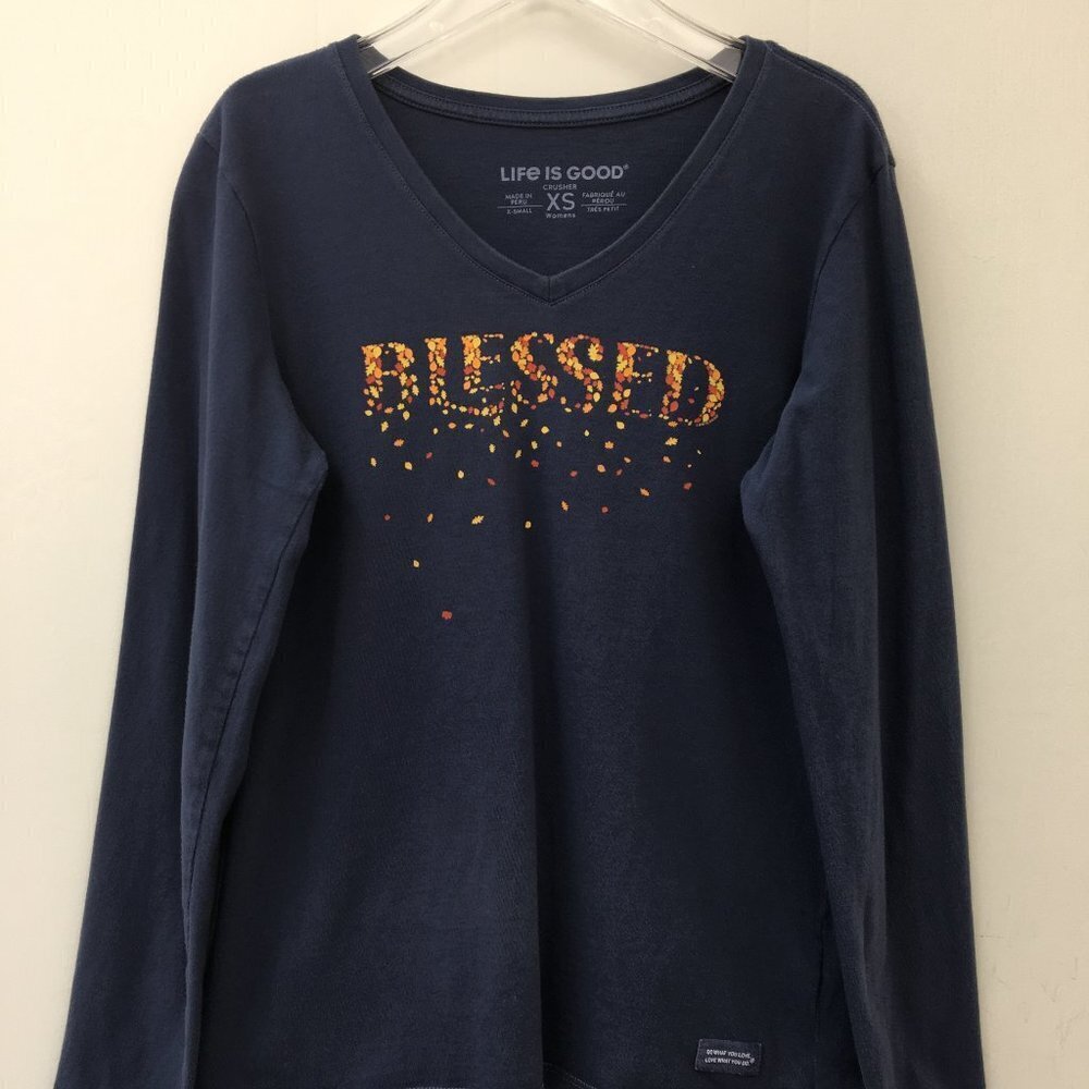 Life is Good Women's Long Sleeve "Blessed" Dark Navy Tee Size XS GREAT